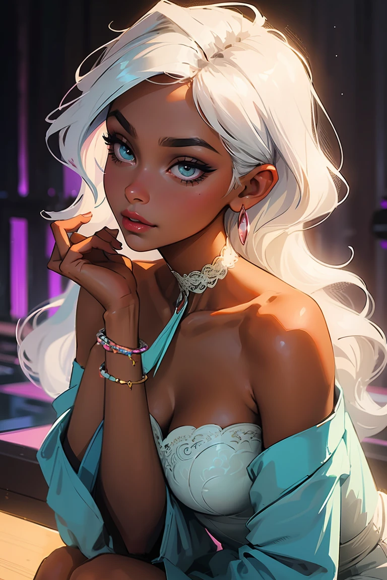 Goddess ((goddess-like woman)), slim, elegant silhouette, masterpiece, (close angle), best quality, (dark skin), sweet face, (masterpiece:1,2, best quality), (real picture, intricate details), ( 1 lady , Solo, medium tits, narrow waist, (with chin length hair), a woman with chin length hair, white hair, chin length, wavy white hair, turquoise eyes, she has an impressive presence., chin length hair, bracelet, hoop earrings, jewelry, beautiful face, beautiful eyes, Side Pose, Side View, She is wearing a white strapless short dress and sandals, the jewelry gives her overall appearance a touch of glamor. sweet smile, thigh gap, sweet irresistible smile, elegant pose, elegant hands, beautiful hands, perfect fingers, background: Bar, danceclub, city