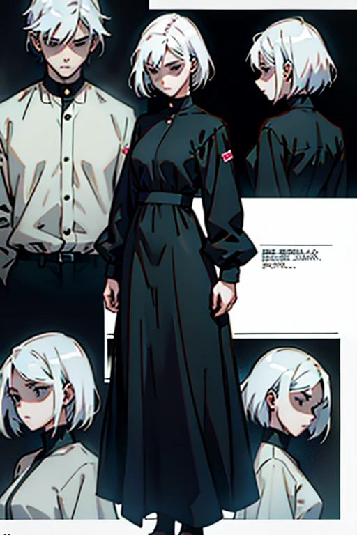 Girl with short white hair small and really skinny, deathly ill, long black dress with puffy long sleeves, manga page with panels and dialogue