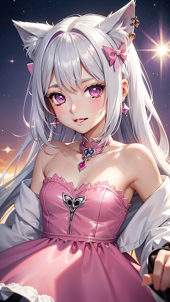 Silver hair, pink eyes, body, cat ears, girl, earrings, sky background fantasy, princess, godly, hair bows, happy face, pink red dress