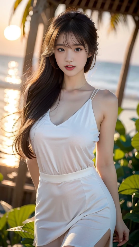 Ultra-detailed 8K photos of Japanese gravure models,Shoulder-length wavy hair and striking hazel eyes. She strikes a seductive pose on a tropical beach, dress chicly, Vest, mini skirt, The afterglow of the setting sun casts a warm light on her, when she naughtily, Looking at the camera, Surrounded by peaceful and beautiful ocean and palm trees