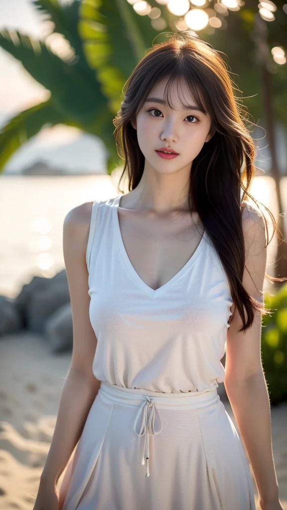 Ultra-detailed 8K photos of Japanese gravure models，Shoulder-length wavy hair and striking hazel eyes. She strikes a seductive pose on a tropical beach, dress chicly, Vest,  mini skirt, The afterglow of the setting sun casts a warm light on her, when she naughtily, Looking at the camera, Surrounded by peaceful and beautiful ocean and palm trees