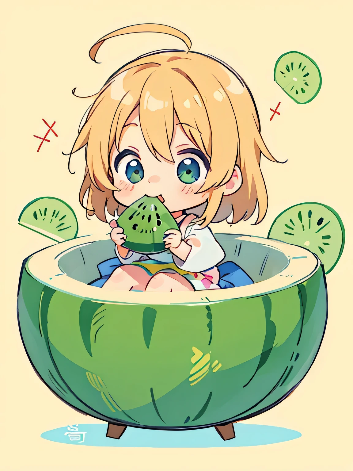 Mika Pikazo style、Kawaii Design, The most beautiful girl of all time、chibi, eating melon