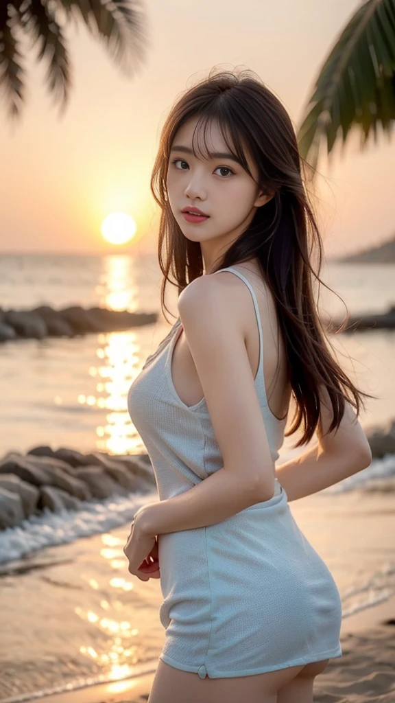 Ultra-detailed 8K photos of Japanese gravure models，Shoulder-length wavy hair and striking hazel eyes. She strikes a seductive pose on a tropical beach, dress chicly, Vest,  mini skirt, The afterglow of the setting sun casts a warm light on her, when she naughtily, Looking at the camera, Surrounded by peaceful and beautiful ocean and palm trees