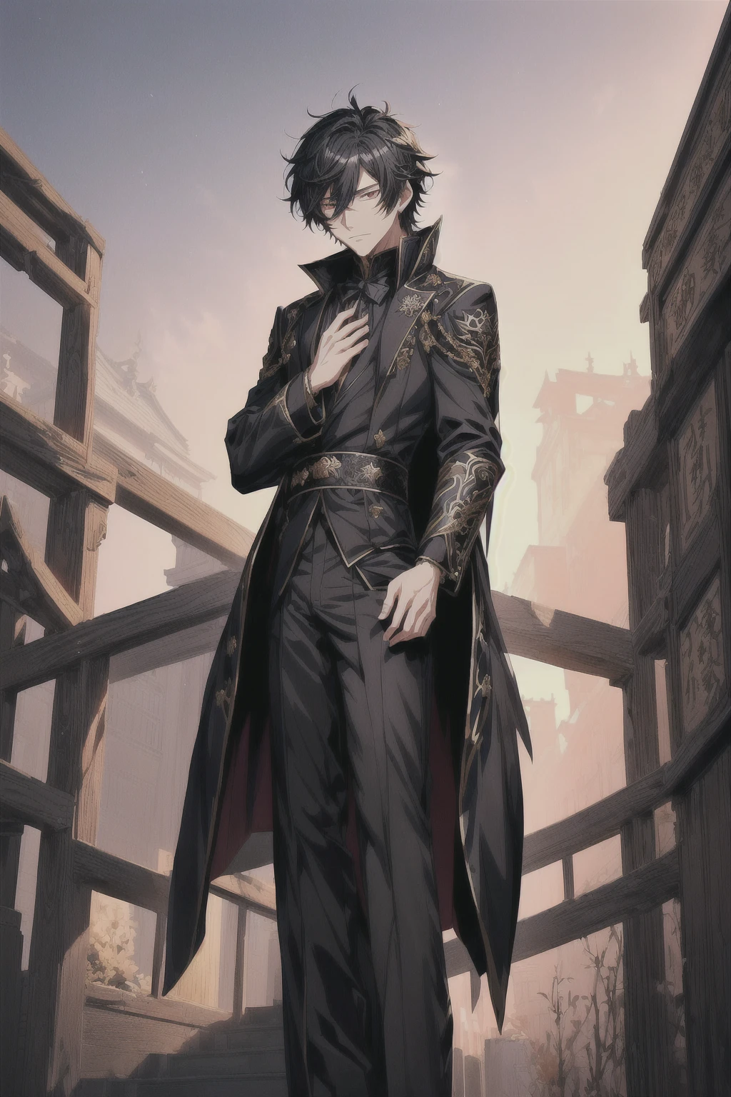 Wearing a black jacket、Anime style image of a man wearing a mask, Beautiful prince, Wearing period costume, Exquisite male prince, Keqing from genshin impact, The handsome guy in Demon Slayer, Inspired by Masanobu Okumura, wearing a black noble suit, Very detailed and beautiful fan art
