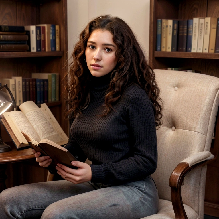 ultra realistic, 4K, photos professionnelles, fille de 22 ans, fille noire, big curly hair, high resolution, detailed face, jean , turtleneck sweater , head of'artwork, (lighting), (1 only), in a library sitting on a chair reading a book realistic background, realistic photos