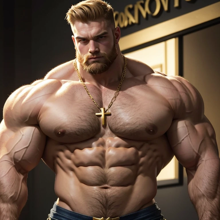 Whole body image of an Absolute monster of a Caucasian bodybuilder is showing off his huge bicep muscles. Huge huge shoulders, he is as broad as he is tall. 20 years old. Blond, close cropped beard, powerfully muscled, massive shoulders and biceps. well-defined six pack. Exceptionally thick gold cross necklace.