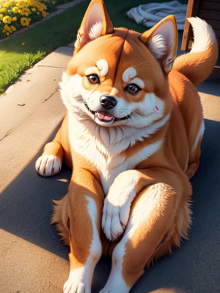 Highest Resolution,Highest quality,Shiba Inu,meal,可愛いShiba Inu,Fluffy,smile,ヨダレを垂らすShiba Inu,Dripping saliva,Overflowing saliva,Iyashiba dog,garden,doghouse,grass,Stringy saliva,