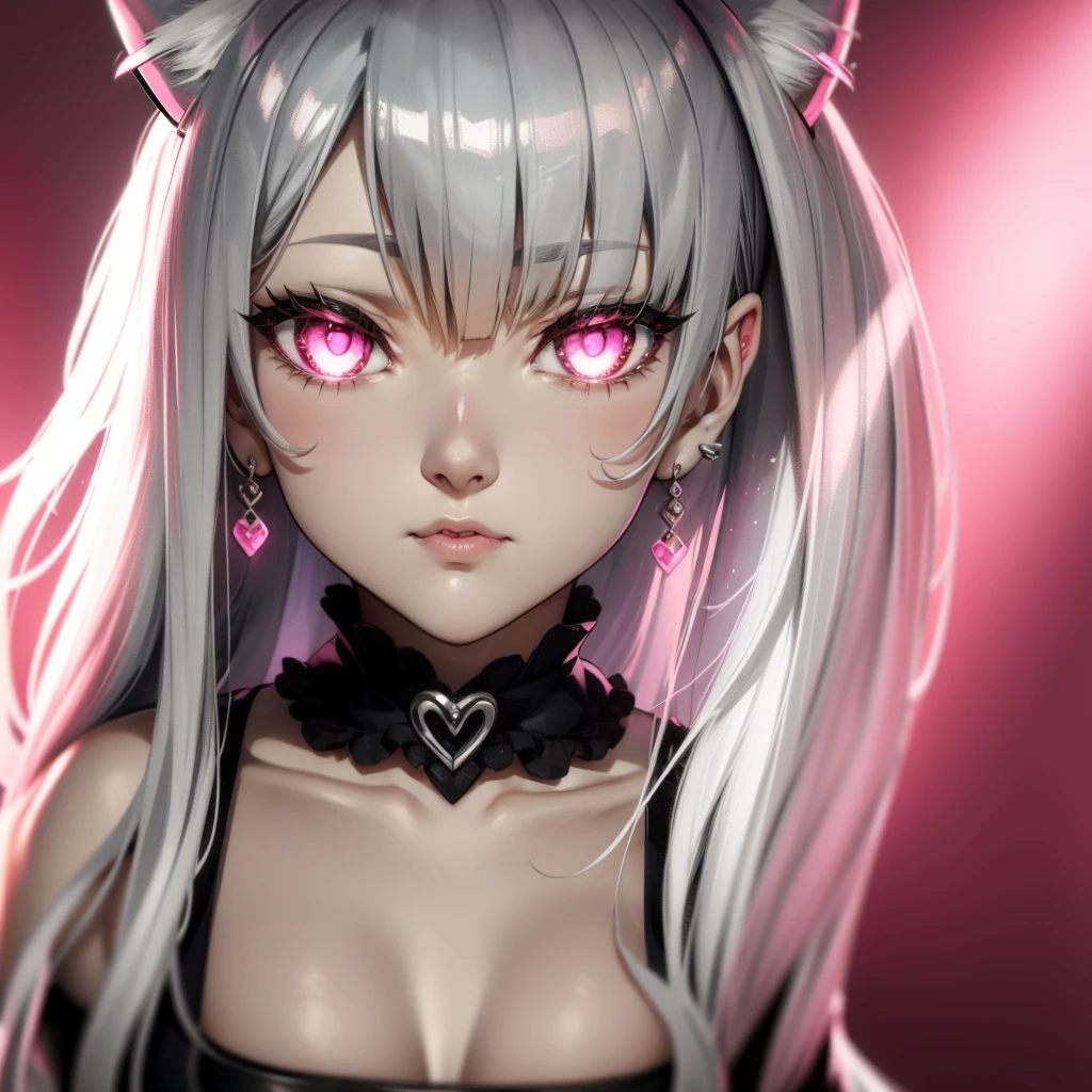 Silver hair, pink eyes, body, cat ears,girl, earrings,hair bows