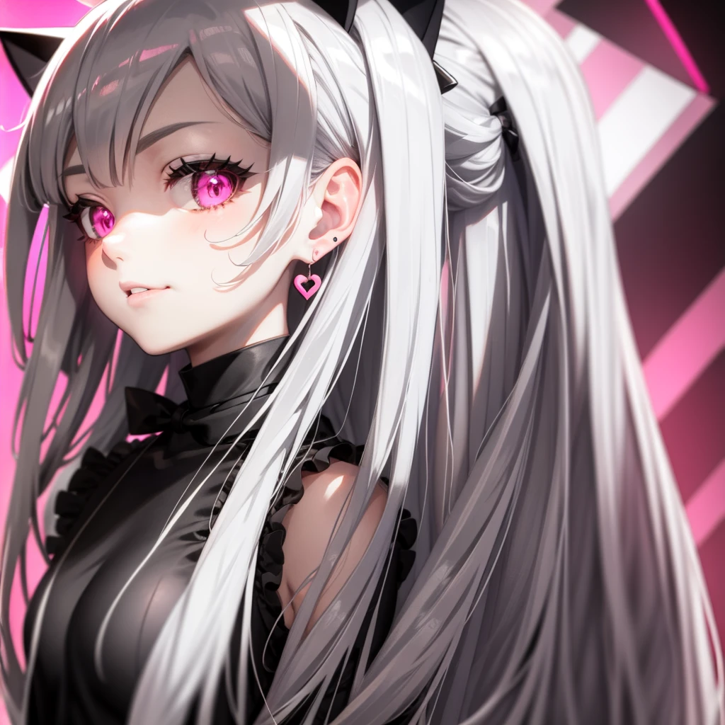Silver hair, pink eyes, body, cat ears,girl, earrings,hair bows