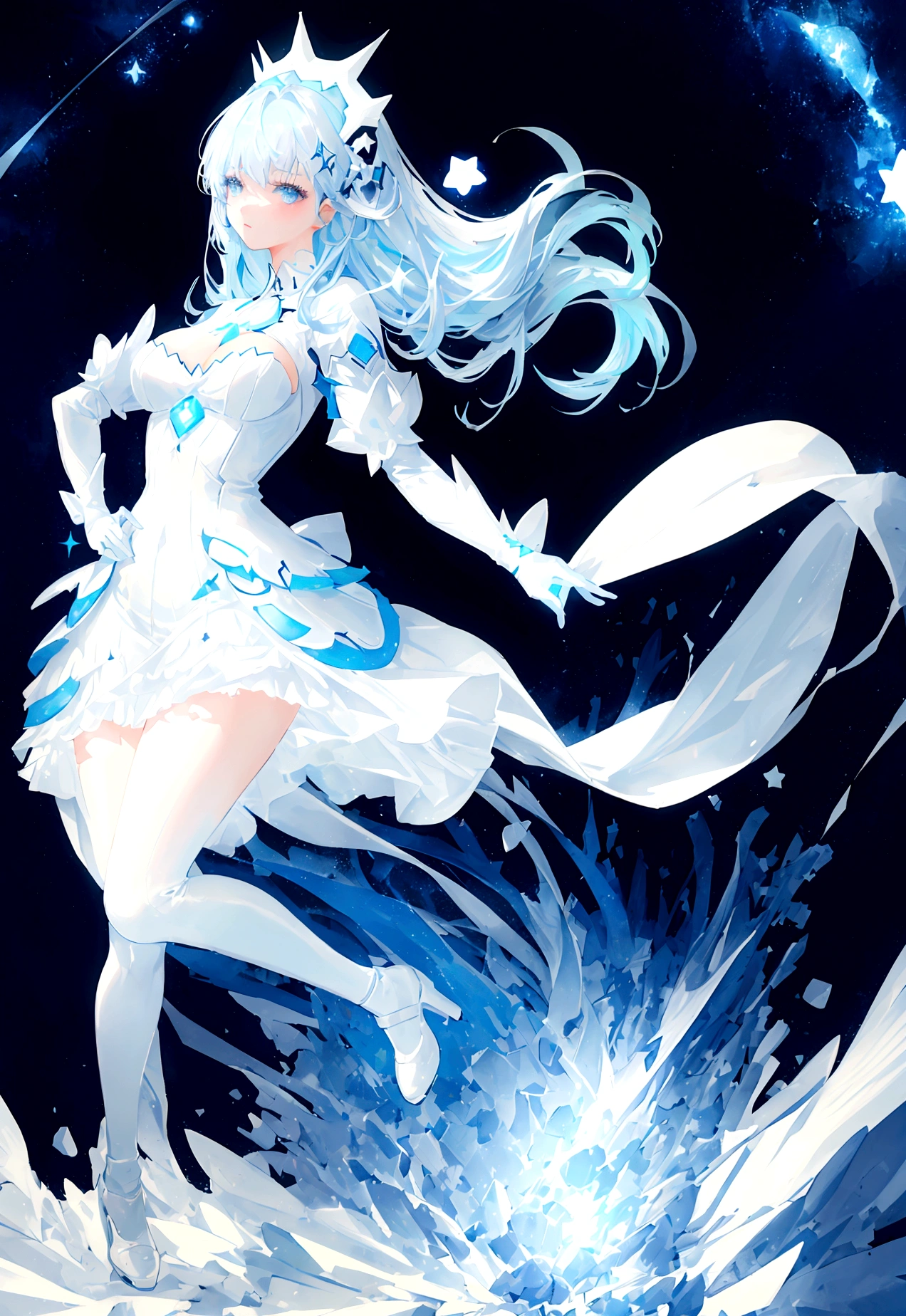 Character (adult woman) (light blue hair) (white elegant mini dress-style clothing) (character in dynamic pose) (full body) (starry night)