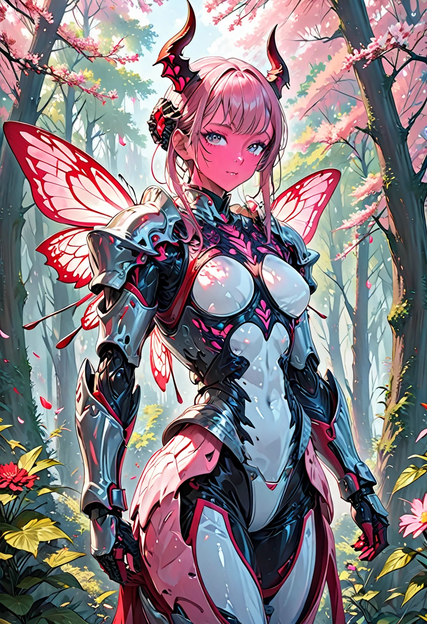 Model shoot style, (extremely detailed CG 8k wallpaper), body photo of the most beautiful artwork in the world, ((absurd res)) perfect whole body, top quality, ((16k UHD)), High Definition, high-res, ultra sharp, masterpiece, the best quality, intricate details, detailed eyes, perfect face detailed face, masterpiece, perfectly detailed anatomy, detailed body, detailed pecs, (((natural light))), ultra-realistic, (((1male))) ((tall muscular man male humanoid)), bald, humanoid (((pink skin))), deity, god of insects, waist sash, (((humanoid pink skin tone)), (((alpha male))) pink hue, powerful humanoid appearance, pure white eyes, shiny metallic scales, scales. ((glossy metallic Armour)), ((fully armoured)) intimidating face, strong jaw, high cheekbones, antenna, in a forest, ((petal pink humanoid insect)) insect humanoid, insect anatomy, abdomen, stinger, monster humanoid, horns on arms,