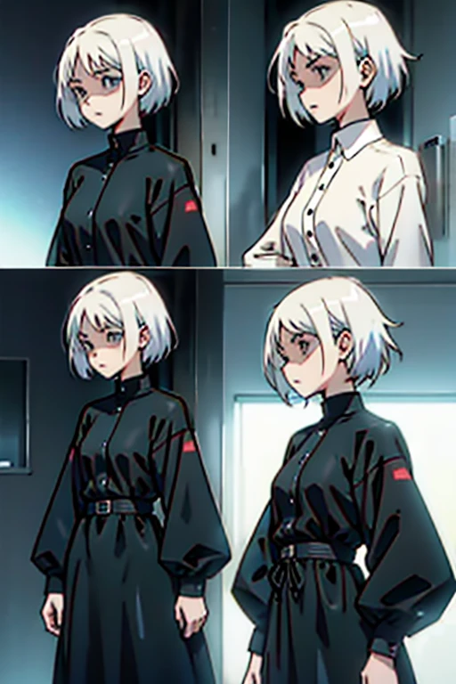 Girl with short white hair small and really skinny, deathly ill, long black dress with puffy long sleeves, manga page with panels and dialogue