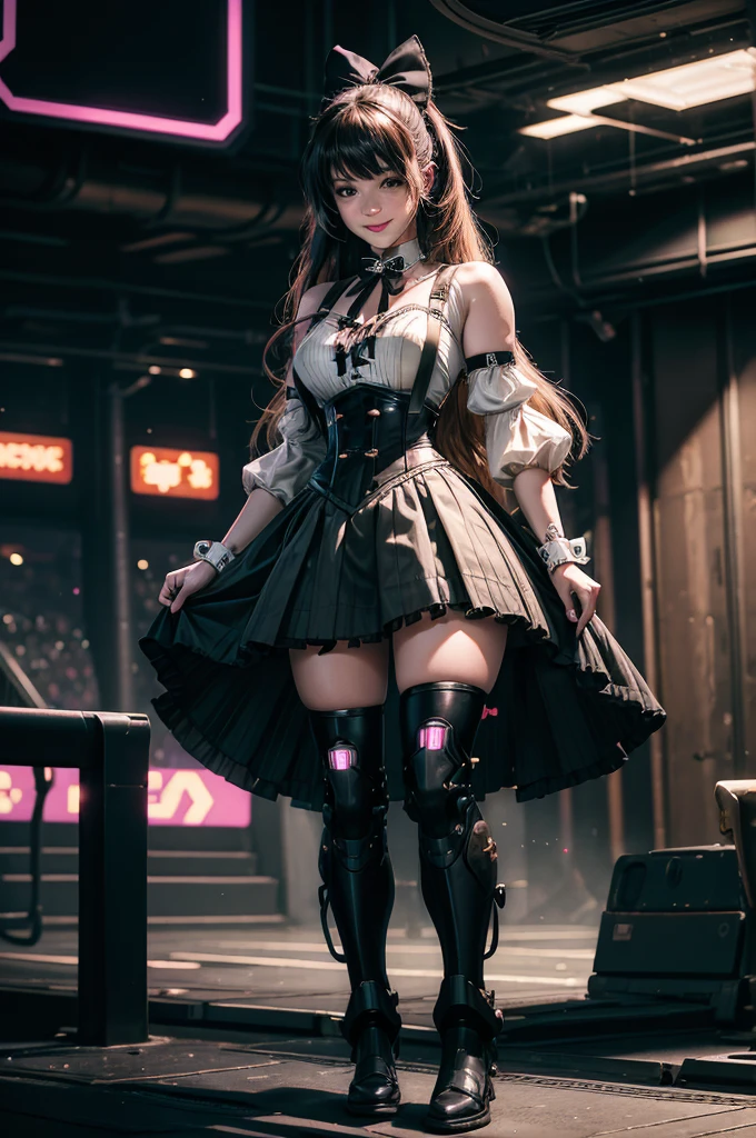 cowboy shot,  smile,  underbust, Penny Polendina, long hair, neck ribbon, suspender skirt, corset, black bow, white blouse, mechanical legs, neon trim, indoors, in cyberpunk stadium, crowd, (crowd wearing cyberpunk fashion)

