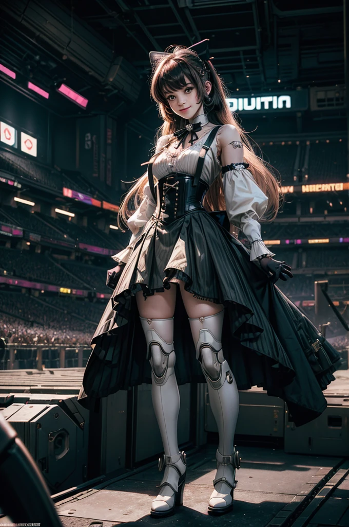 cowboy shot, smile, underbust, Penny Polendina, long hair, neck ribbon, suspender skirt, corset, black bow, white blouse, mechanical legs, neon trim, indoors, in cyberpunk stadium, crowd, (crowd wearing cyberpunk fashion)