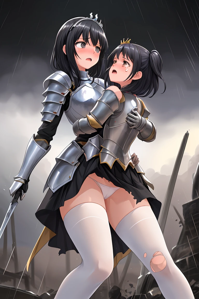 female knight　armor　tiara　Black Hair　Shortcuts　Torn white miniskirt　Torn white tights　battlefield　In combat　Holding back tears　Black Panties　sisters apart in age　Height difference　heavy rain