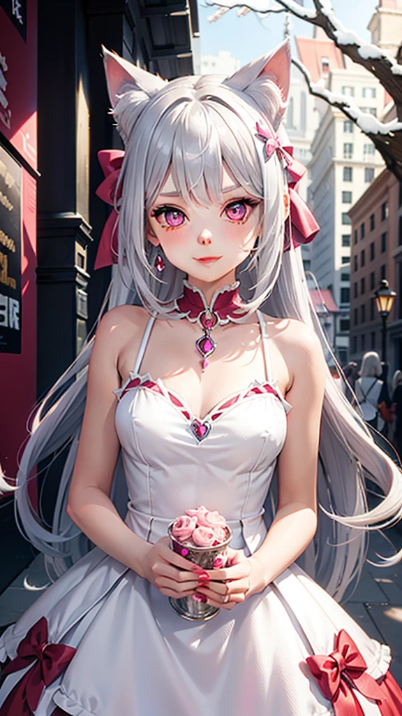 Silver hair, pink eyes, body, cat ears, girl, earrings, background fantasy, princess, godly, hair bows, happy face, red dress