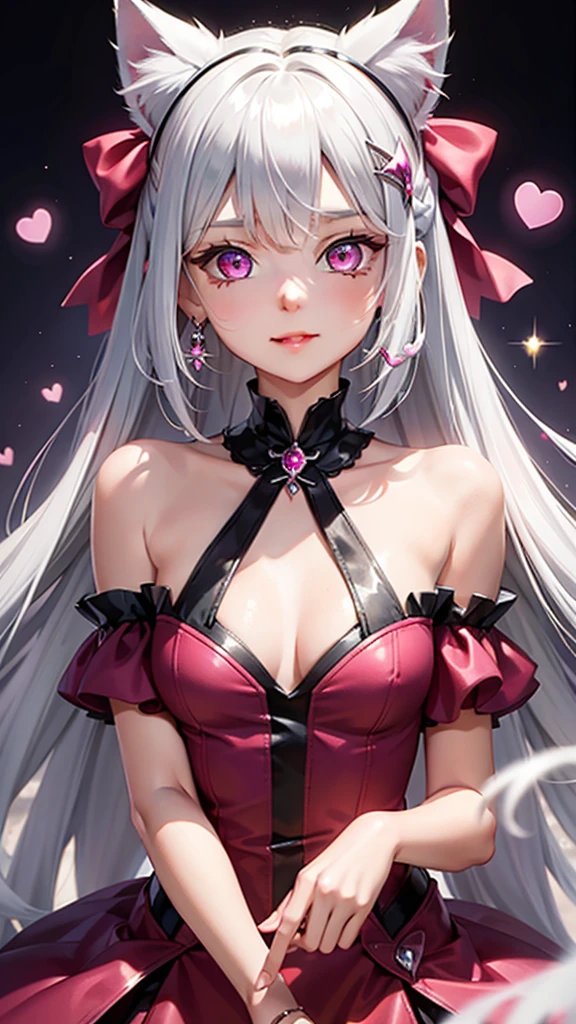 Silver hair, pink eyes, body, cat ears, girl, earrings, background fantasy, princess, godly, hair bows, happy face, red dress