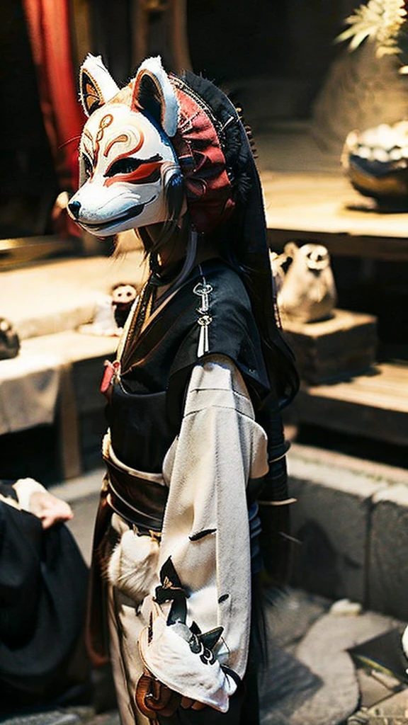 Multiple women、Woman with furry face、fox mask、Fox ears、White kimono、shout、night、Japan Road、shrine、Low - Angle、Dynamic composition、Background blur