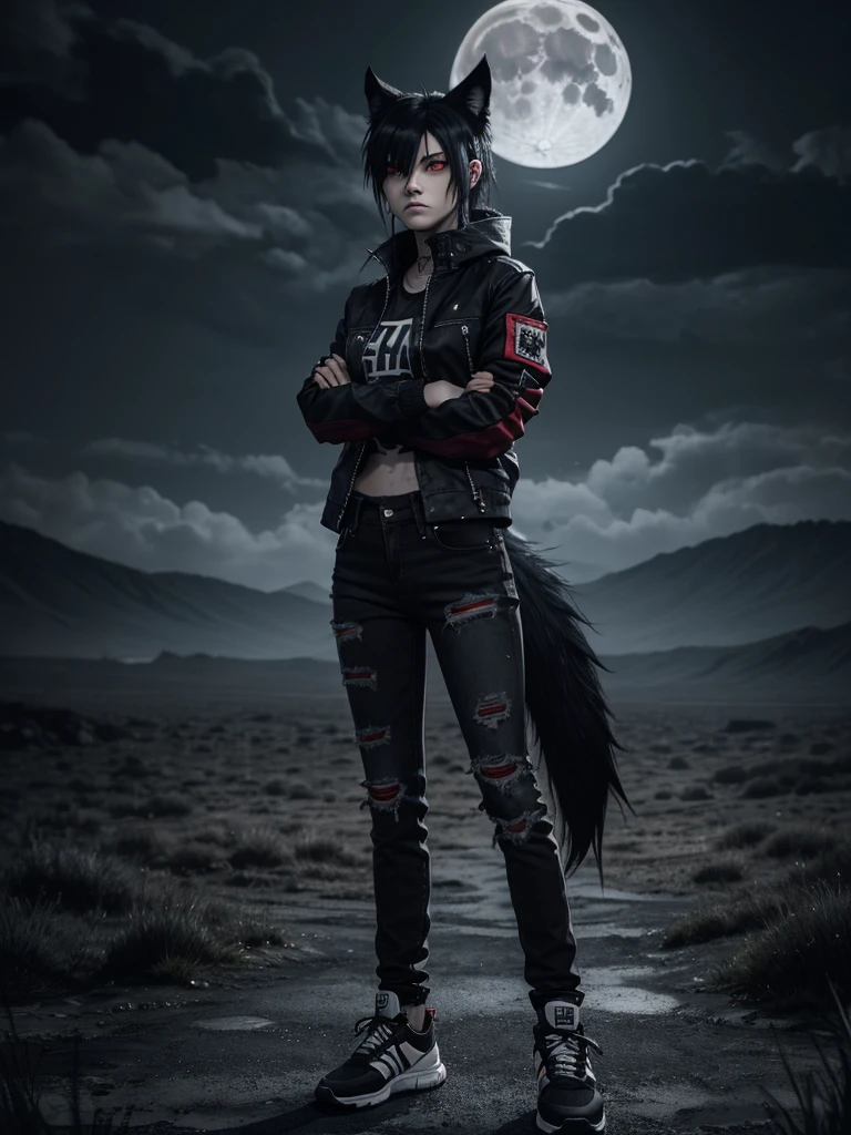 Wolf, tough, crossed arms, standing, emo, angry, night time, nightmare, goth, tomboy, moon background, black, dark red, dark red eyes, long gray wriped jeans, black and white sneakers, wearing her jacket around her waist, sharped teeth, gray wolf tail behind the back