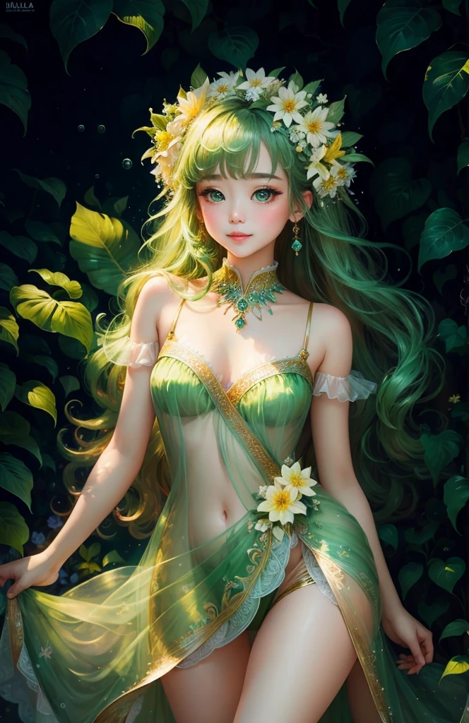 (masterpiece,Highest quality,Highest quality,Beautiful and beautiful:1.2),Realistic,Full body portrait,A beautiful girl the size of a flower, Flower spirits in human form,Standing at the limit,Face Focus,Beautiful Eyes,Between the leaves,Ultra-realistic,Charm,Emerald Green Costume,sleeveless long dress,Sparkling,Aura-luminescence,Transparency,Pale green and yellow tones,Bright light,High resolution,Super detailed,Bright colors,Cute expression,Happy Max Emotion,Character Design, Digital Art