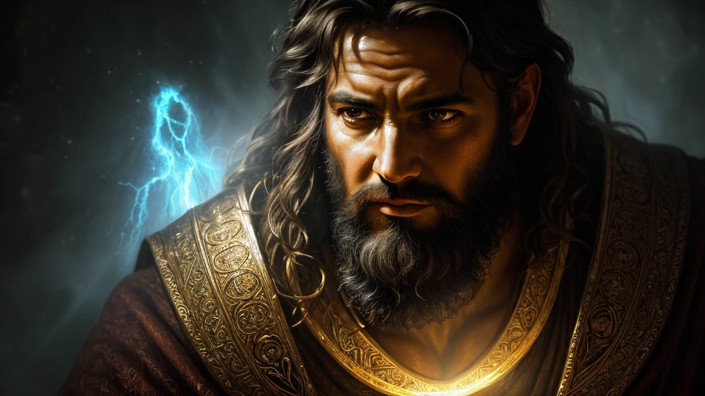 A powerful and majestic portrait of Jehovah, the Supreme God, with detailed facial features and a commanding presence, surrounded by a glowing heavenly light, (best quality,4k,8k,highres,masterpiece:1.2),ultra-detailed,(realistic,photorealistic,photo-realistic:1.37),detailed eyes,detailed nose,detailed lips,long eyelashes,divine radiance,dramatic lighting,heavenly glow,spiritual aura,ancient scripture,biblical deity,the God of Abraham Isaac and Jacob,powerful and almighty,awe-inspiring, cinematic composition,dramatic chiaroscuro,rich color palette,oil painting