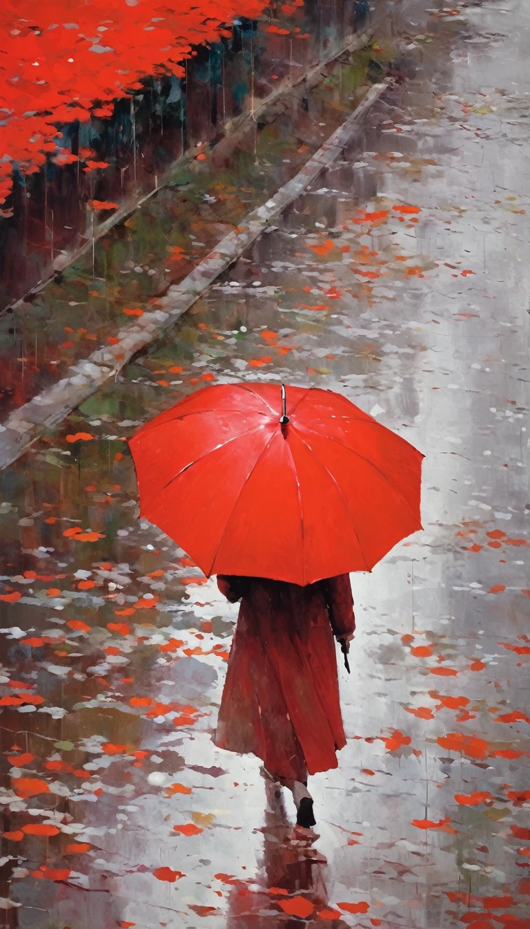 1 red umbrella，solitary figure