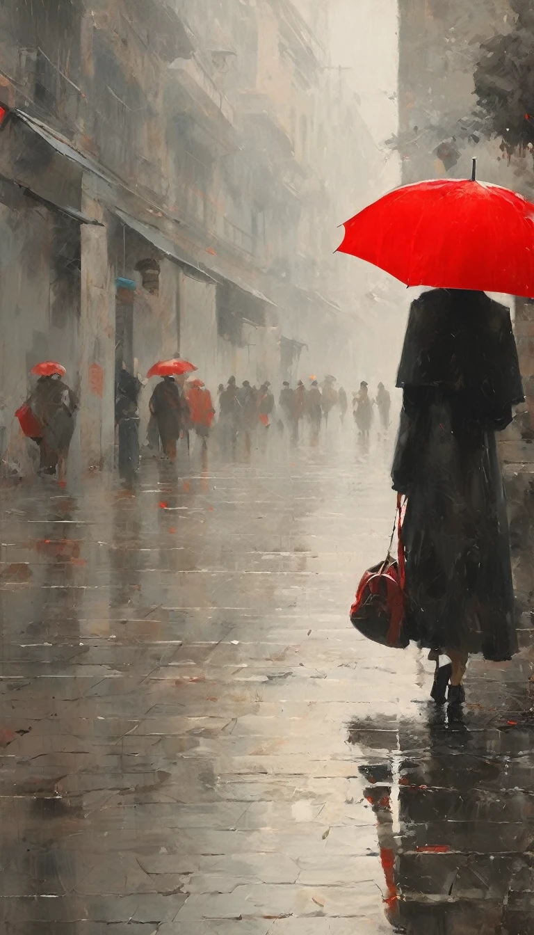 1 red umbrella,solitary figure