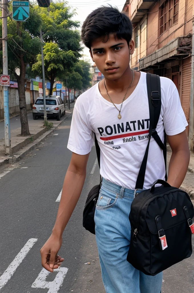 A 20 years old boy waking on Road. On his back a thin school bag. Infront of his boy there is a sign bord. on that bord, printed KHAN GLOBAL STUDY, PATNA WITH the red heart