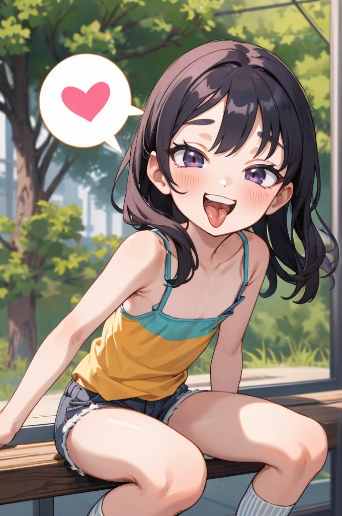 masterpiece, best quality, absurdres,
1girl, ,, blush, ,,camisole,, shorts,socks,looking viewer,,spoken heart,,(petite),flat chest,,outdoor,grin,nsfw,socks,open mouth,tongue