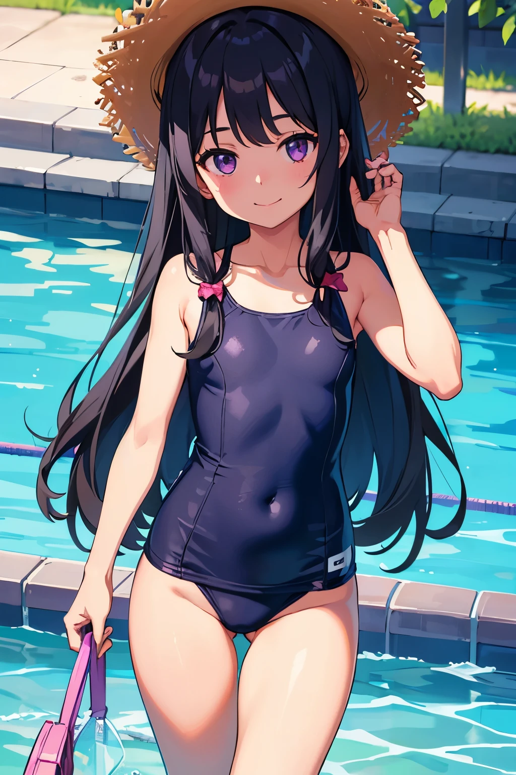 , 8 years old, flat chest,ir, long hair, purple eyes 　smile（One person）Wear a straw hat　 Summer poolside　Navy blue old school swimsuit　Wearing sandals　 Standing by the pool　Dynamic Angle　Low - Angle