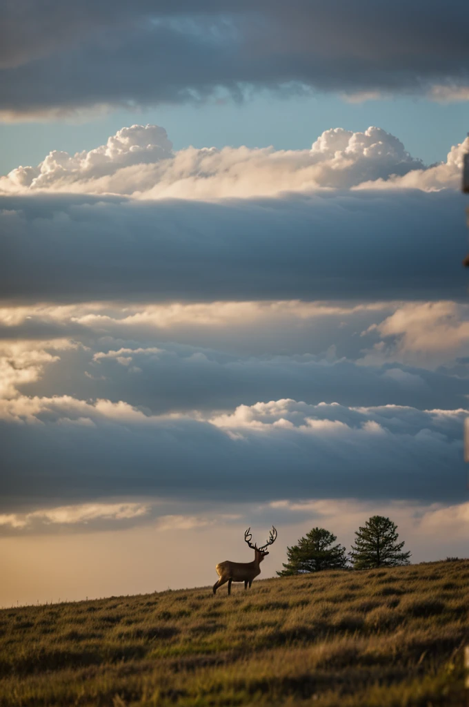 A deer in the distance flies up through the clouds