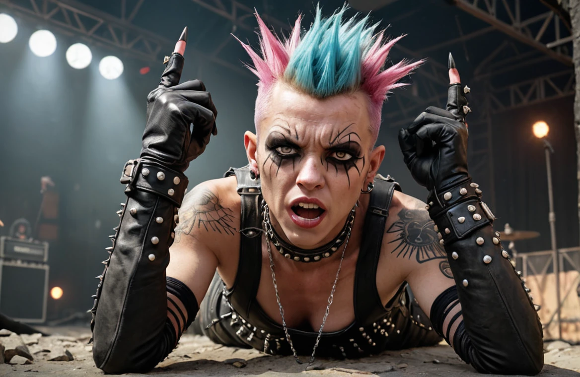 foto reality, perfect detailed, realistic, masterpiece
drunken punk on rock concert stage in lost place
open eyes, gloves with nails,