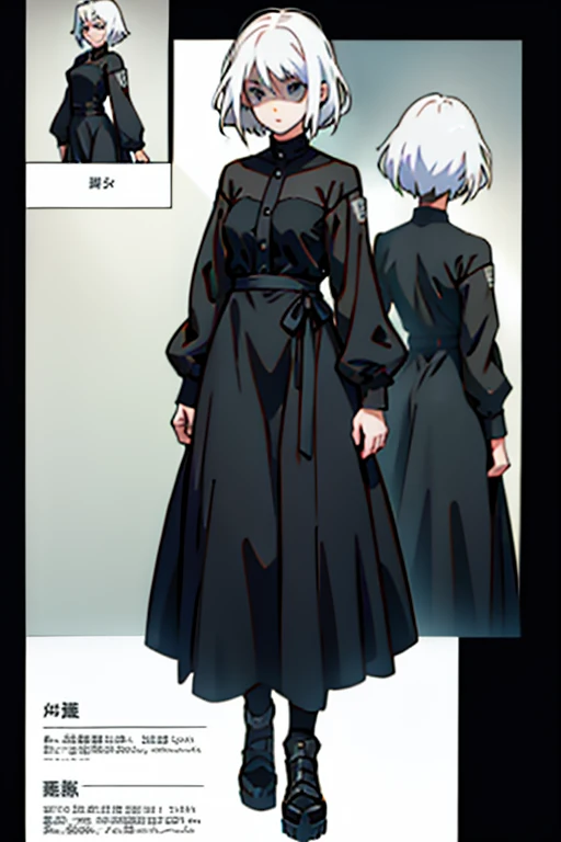 Girl with short white hair small and really skinny, deathly ill, long black dress with puffy long sleeves, manga page with panels and dialogue