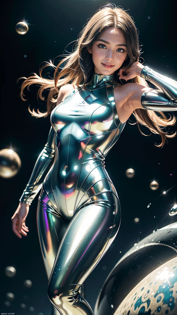 ((Highest quality, masterpiece, Realistic)),  smile、Adult female、 Metallic Dresses, Messy [Updo|Hanging] hair,  alone,   Detailed Background, Detailed face, Sc3pt4, Sci-Fi Theme:1.1), Mercury Wizard, melancholic, Surrounded by iridescent silver waves, Image of alchemy, reflection, silver liquid, Metallic luster, Shiny, Dynamic pose, Fluid movement, Suspended particles, Drops of mercury, Flowing Metal, Mercury Blend, Background alien planet, Dripping mercury layer, Volumetric lighting, Cinematic atmosphere, Sharp details, Skin with attention to detail, Realistic skin texture, Adult sexiness、（Sexy thighs）、（Sexy sleeveless high leg metal suit）、smile、Sexy pose