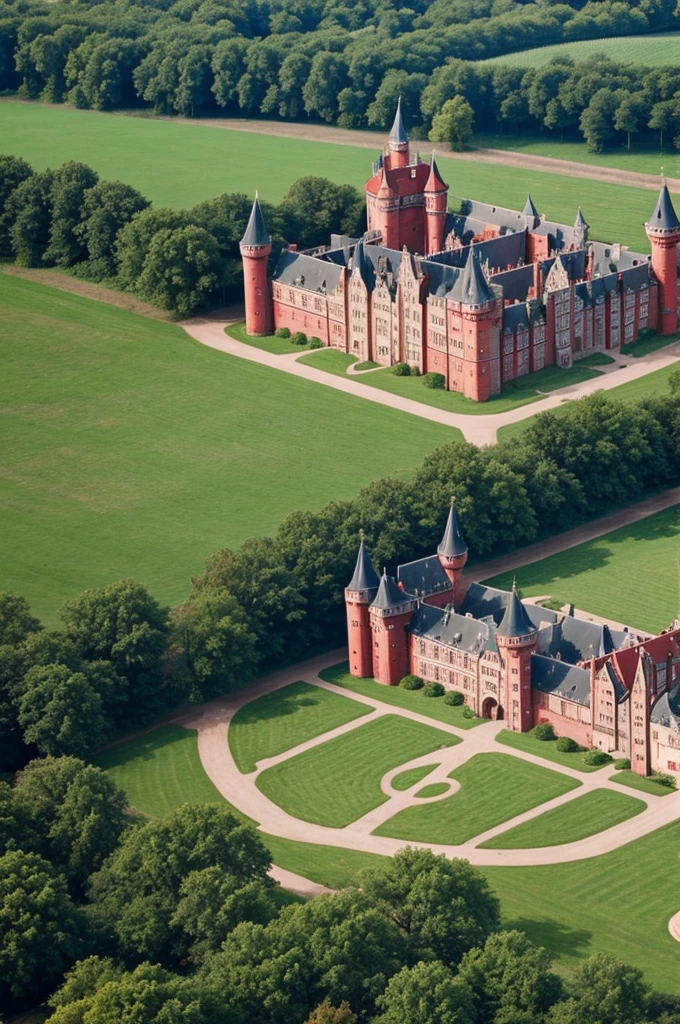 Red huge castle on flat field, everythig red