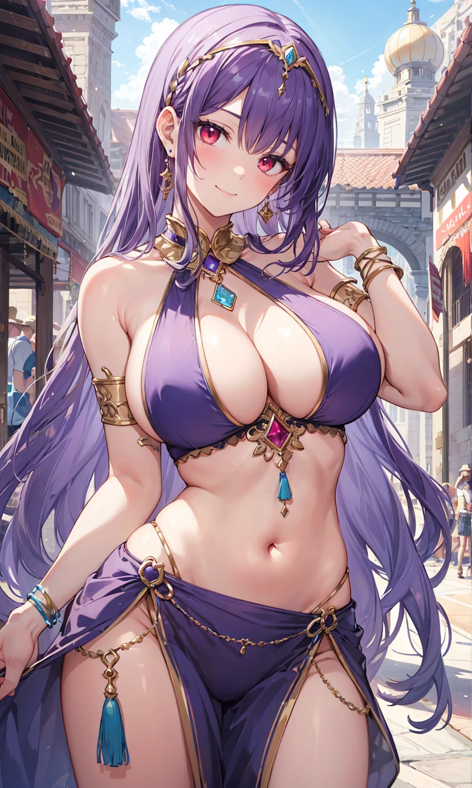 high quality, ultra detailed, best quality, insanely detailed, beautiful, masterpiece, 1girl, medieval plaza, cowboy shot, red eyes, long hair, purple hair, belly dancer, circlet, earrings, armlets, bracelets, bashful smile, large breasts, cleavage, soft stomach