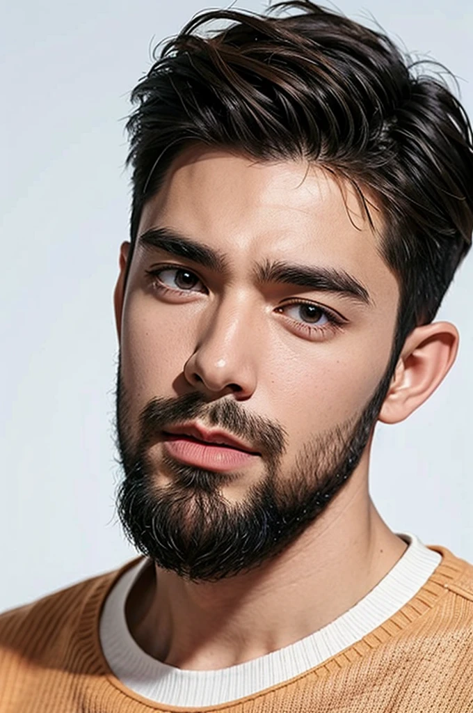 handsome male,beard,upper body portrait,orange sweater,white background,