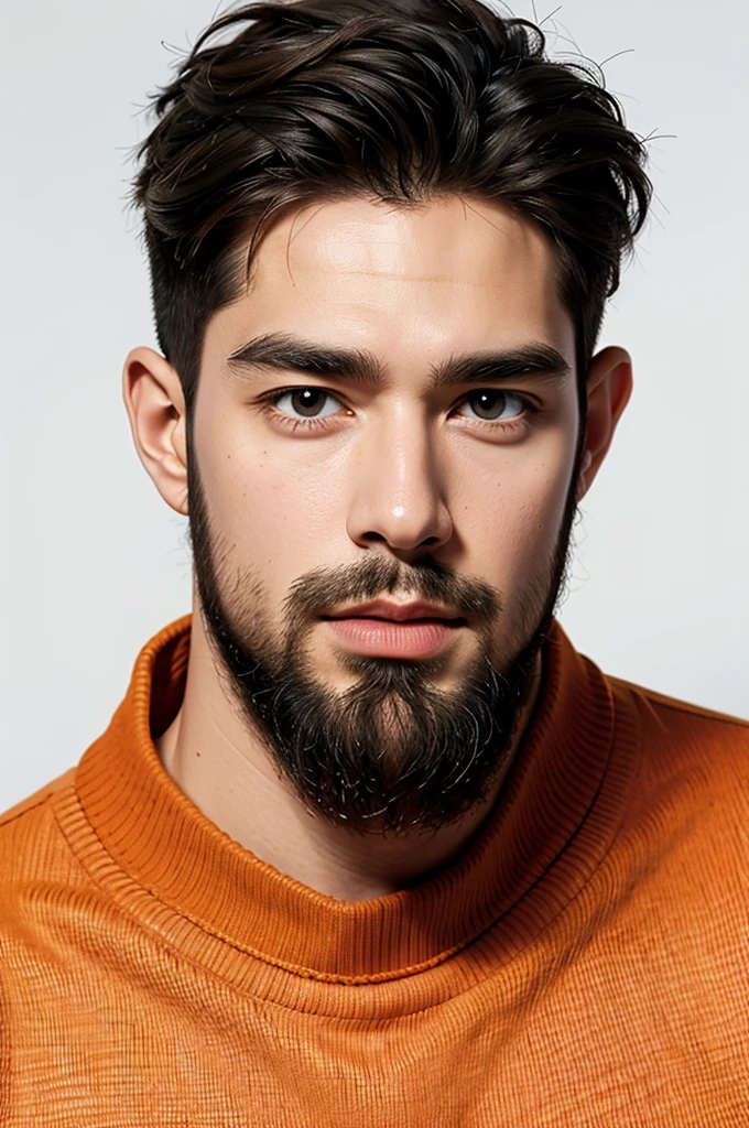 handsome male,beard,upper body portrait,orange sweater,white background,