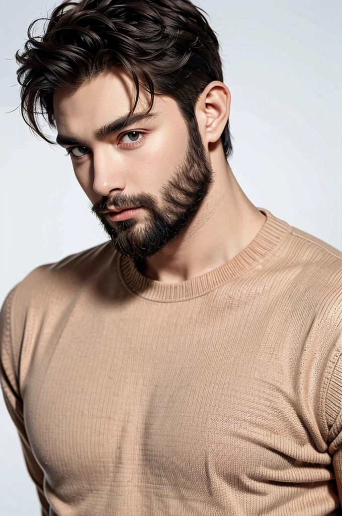 handsome male,beard,upper body portrait,orange sweater,white background,