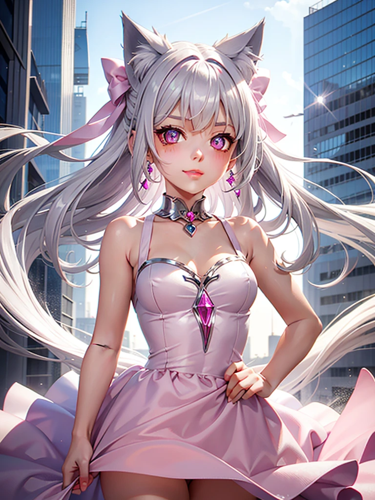 Silver hair, pink eyes, body, cat ears, sext body girl, earrings, sky background fantasy, princess, godly, hair bows, happy face, pink dress