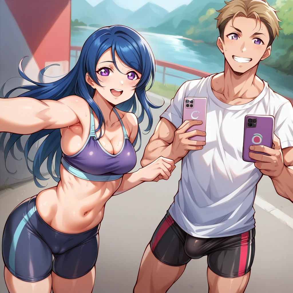 Matsuura kanan love live, long hair, blue hair, purple eyes, gym bra, bike shorts, standing, puffy crotch , skindentation , realistic art style , energetic smile,in street, lake in background, 2boys,1girl,taking selfie with boys , sexual harassment , erection under clothes 