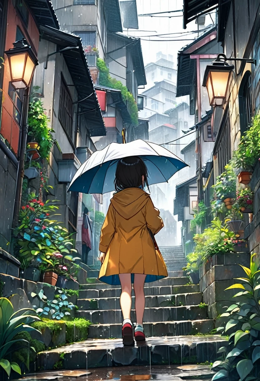 
          holding an umbrella on a rainy day(Back view standing foreground close-up)Take an umbrella and walk up the stone stairs ( Perfect anatomical structure )HD anime cityscape with narrow alleys with many plants(stone staircase going up)anime scenery anime style cityscape, Colorful anime background anime art delicate art realistic super detailed digital art style