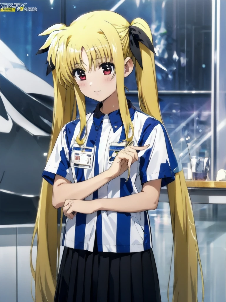 nsfw , Fate Testarossa , lyrical nanoha , (((highres official art))) , (((1girl))) , (((solo))) , (((blondehair))) , (((twintails))) , (((black ribbon))) , best quality, highres, 12yo, lawson uniform, employee uniform, shirt, name tag, short sleeves, striped shirt, striped, vertical-striped shirt, blue shirt, vertical stripes, alternate costume,(((bottomless)))