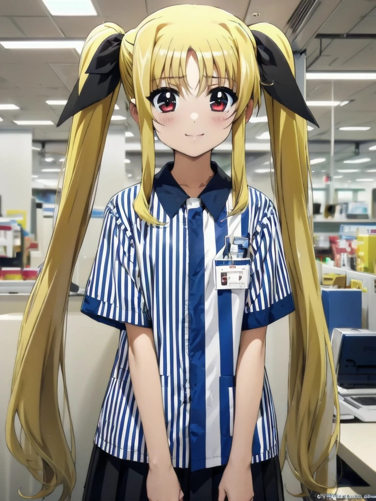 nsfw , Fate Testarossa , lyrical nanoha , (((highres official art))) , (((1girl))) , (((solo))) , (((blondehair))) , (((twintails))) , (((black ribbon))) , best quality, highres, 12yo, lawson uniform, employee uniform, shirt, name tag, short sleeves, striped shirt, striped, vertical-striped shirt, blue shirt, vertical stripes, alternate costume,(((bottomless)))