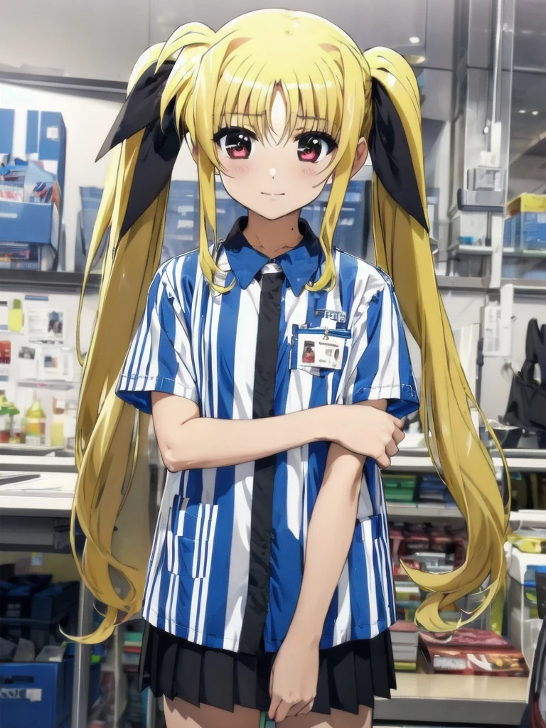 nsfw , Fate Testarossa , lyrical nanoha , (((highres official art))) , (((1girl))) , (((solo))) , (((blondehair))) , (((twintails))) , (((black ribbon))) , best quality, highres, yo, lawson uniform, employee uniform, shirt, name tag, short sleeves, striped shirt, striped, vertical-striped shirt, blue shirt, vertical stripes, alternate costume,(((bottomless)))