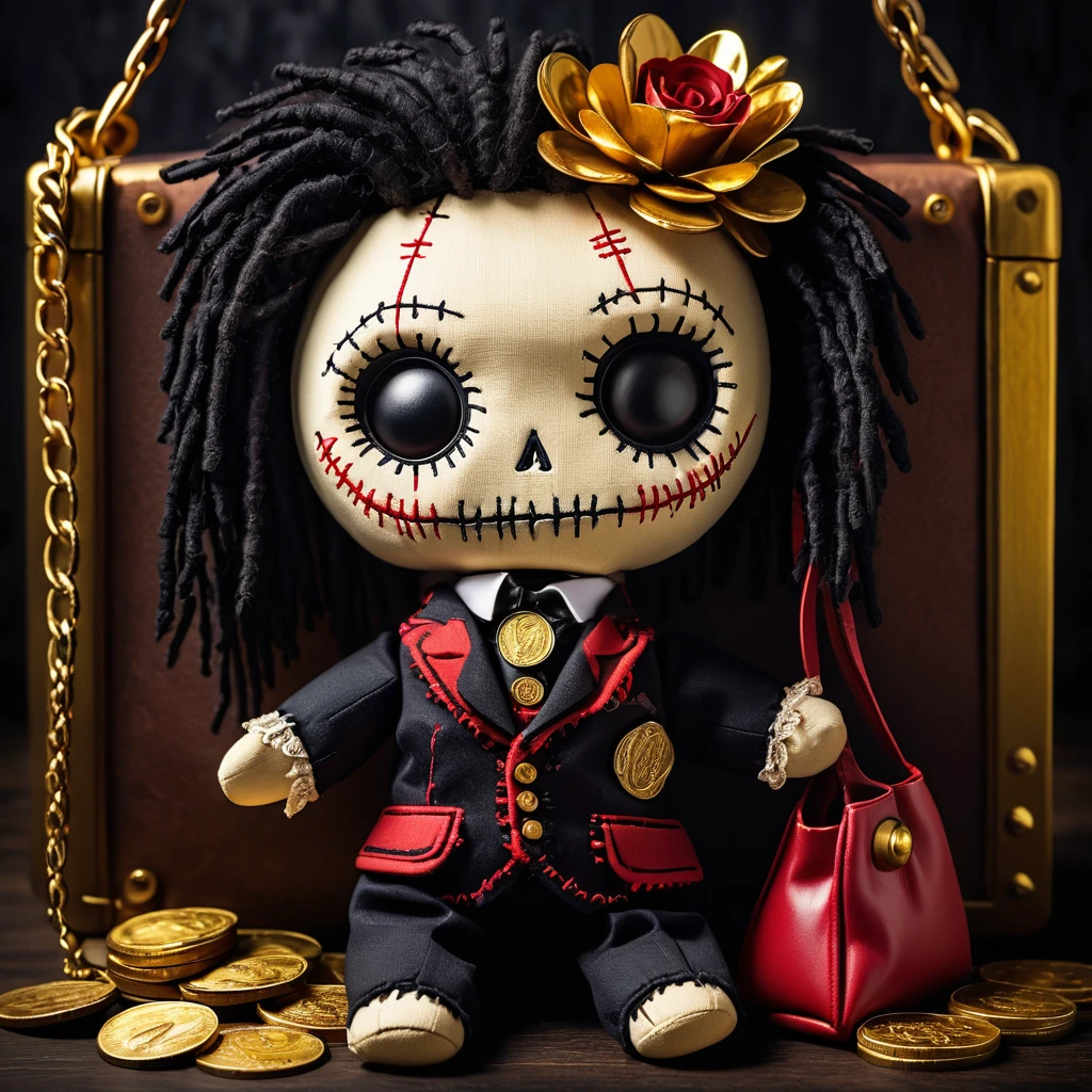 (Knitted toy Voodoo doll: 1.6), (Voodoo Gothic rich: 1.3), (Clothing classic suit with Gothic elements and lace cuffs: 1.0), (in the hands of a bag with gold coins: 1.9), (against the background of the Bank cell: 1.3), best quality, masterpiece, detailed soft oil painting, detailed background, dramatic cinematic lighting, soft edge lighting, professional, dramatic lighting, hard edge lighting, ultra quality, 4k, masterpiece, best quality, 8k, ultra high definition, high resolution, extremely detailed