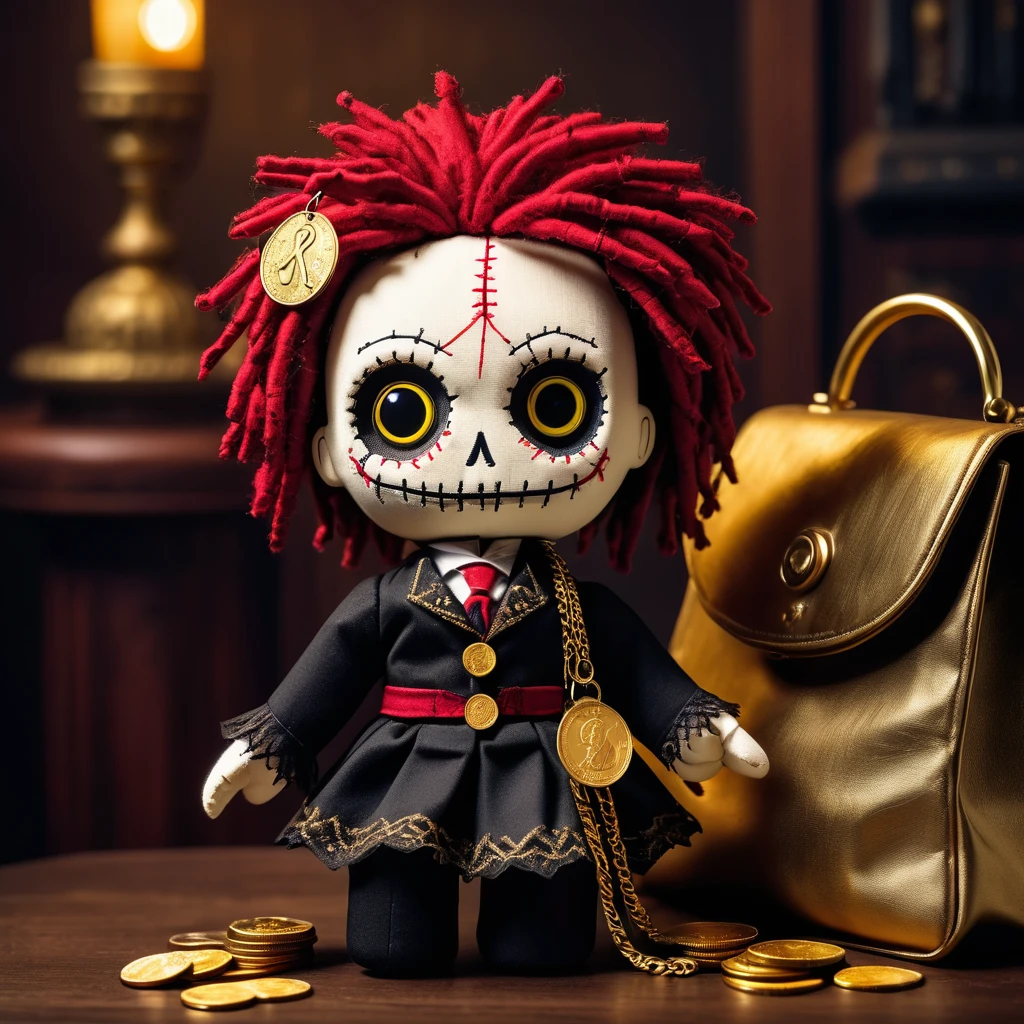 (Knitted toy Voodoo doll: 1.6), (Voodoo Gothic rich: 1.3), (Clothing classic suit with Gothic elements and lace cuffs: 1.0), (in the hands of a bag with gold coins: 1.9), (against the background of the Bank cell: 1.3), best quality, masterpiece, detailed soft oil painting, detailed background, dramatic cinematic lighting, soft edge lighting, professional, dramatic lighting, hard edge lighting, ultra quality, 4k, masterpiece, best quality, 8k, ultra high definition, high resolution, extremely detailed