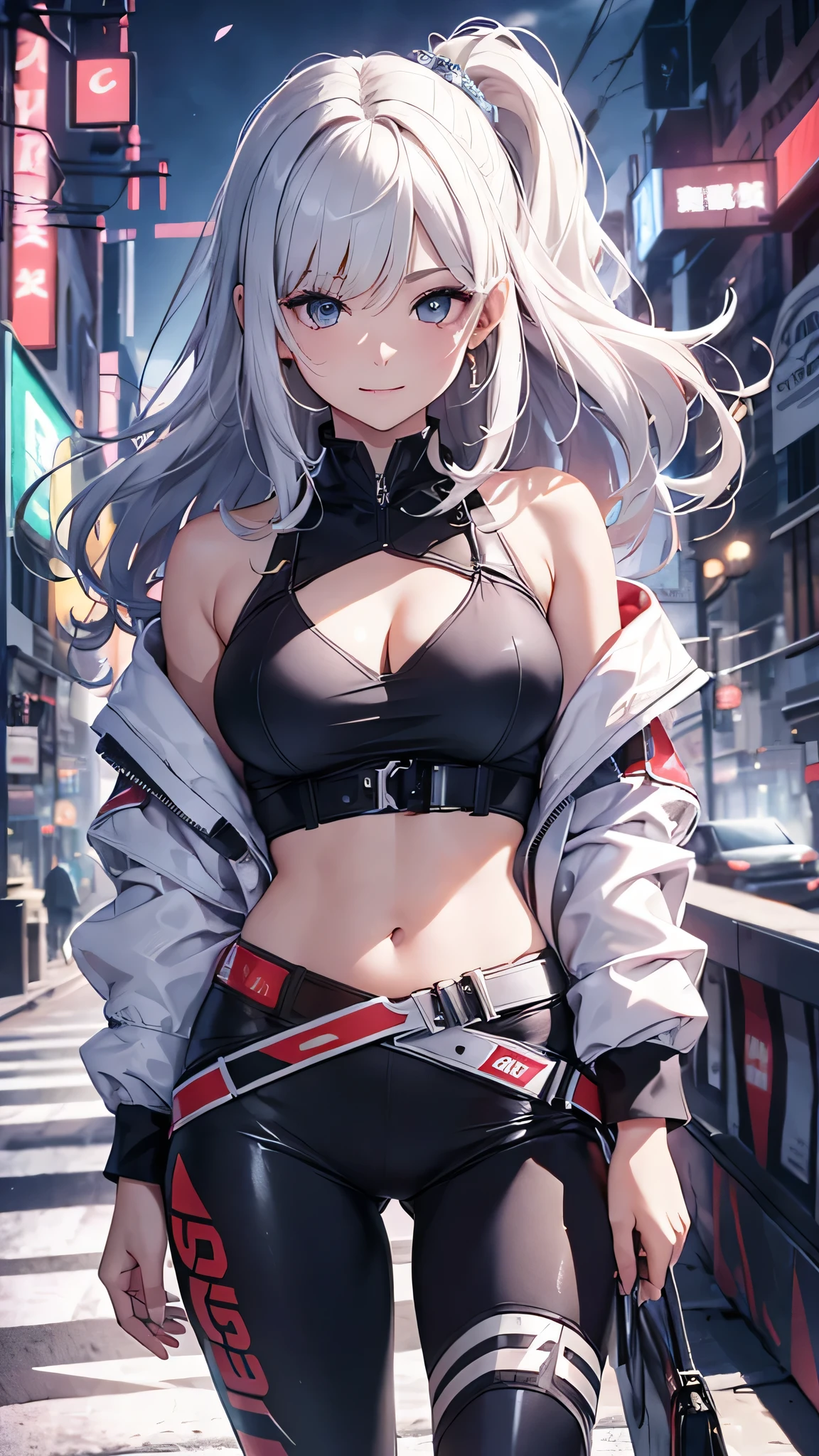 Highest quality、Highest quality、Masterpiece、girl((20-year-old、as soon as、Highest Bust、Medium Bust、Wide open chest、Red glowing eyes、Light Silver Hair、Disheveled Hair、Loincloth、thin、The best valley、Open chest、Full body view、Colorful tank top、Colorful Pants、Smile、Leaning forward greatly))、high quality、Beautiful Art、background((Bright Cities))、flight、Flying Debris、Depth of text、movie、Visual Arts、Perfect Art、8K、Genuine、