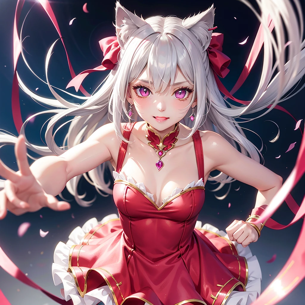 Silver hair, pink eyes, body, cat ears, girl, earrings, background fantasy, princess, godly, hair bows, happy face, red dress
