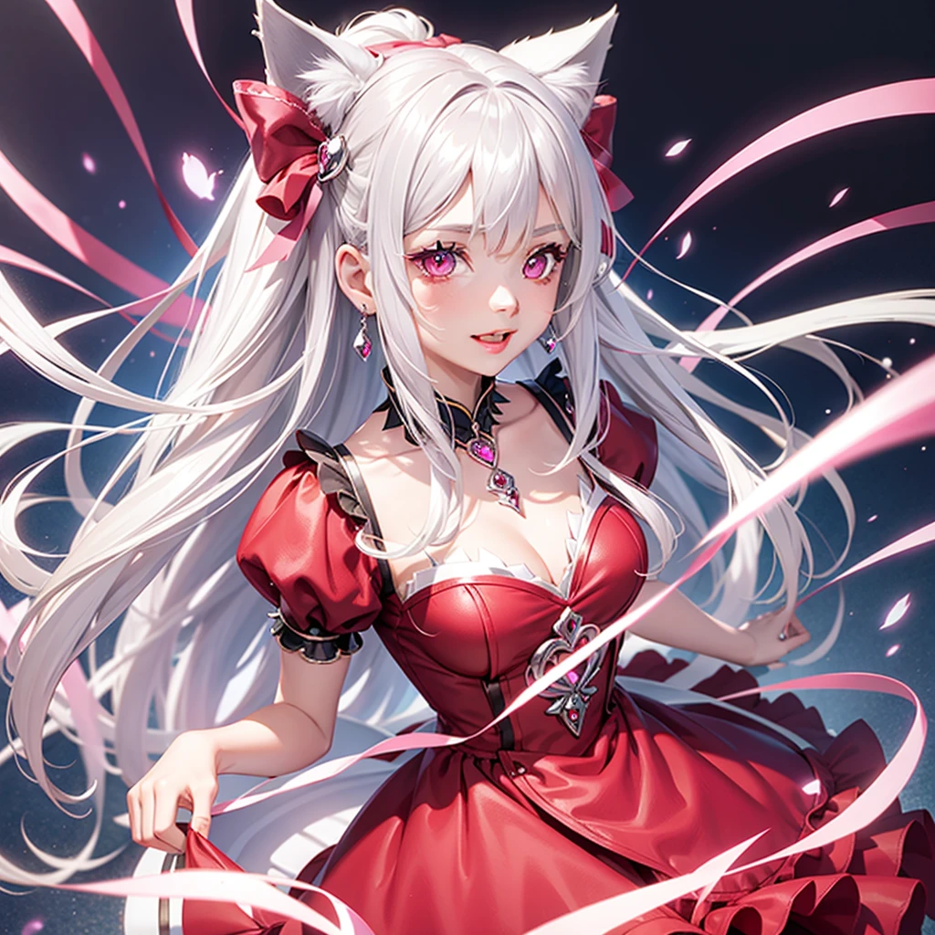 Silver hair, pink eyes, body, cat ears, girl, earrings, background fantasy, princess, godly, hair bows, happy face, red dress